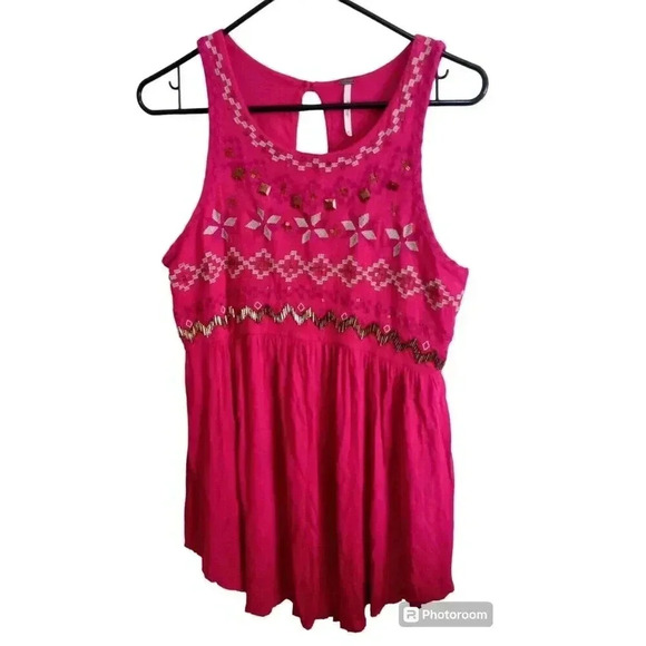 Free People Tops - Free People Beaded Embroidered Tunic Tank Top Women Casual Boho Blouse Sz Medium